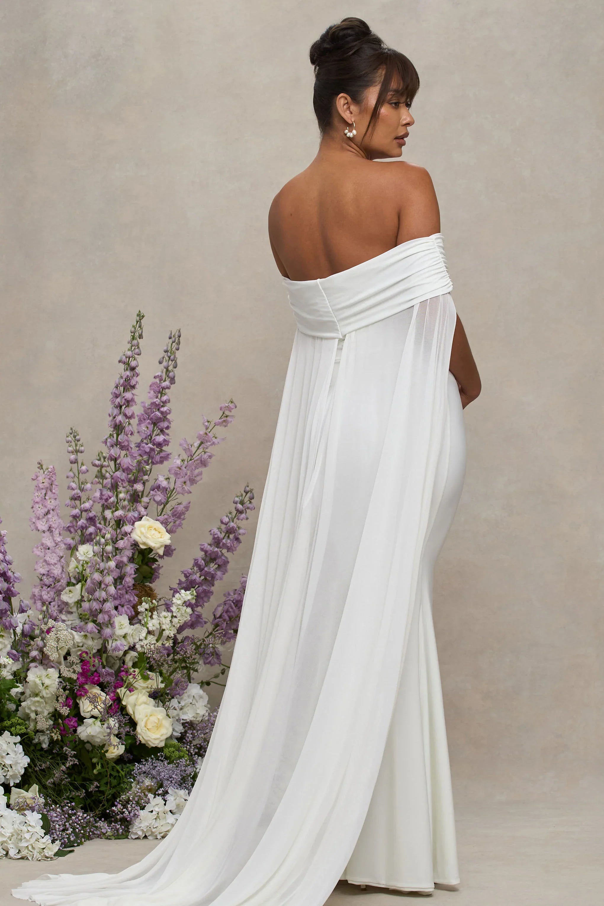 Carlotta White Bardot Maternity Maxi Dress With Chiffon Cape