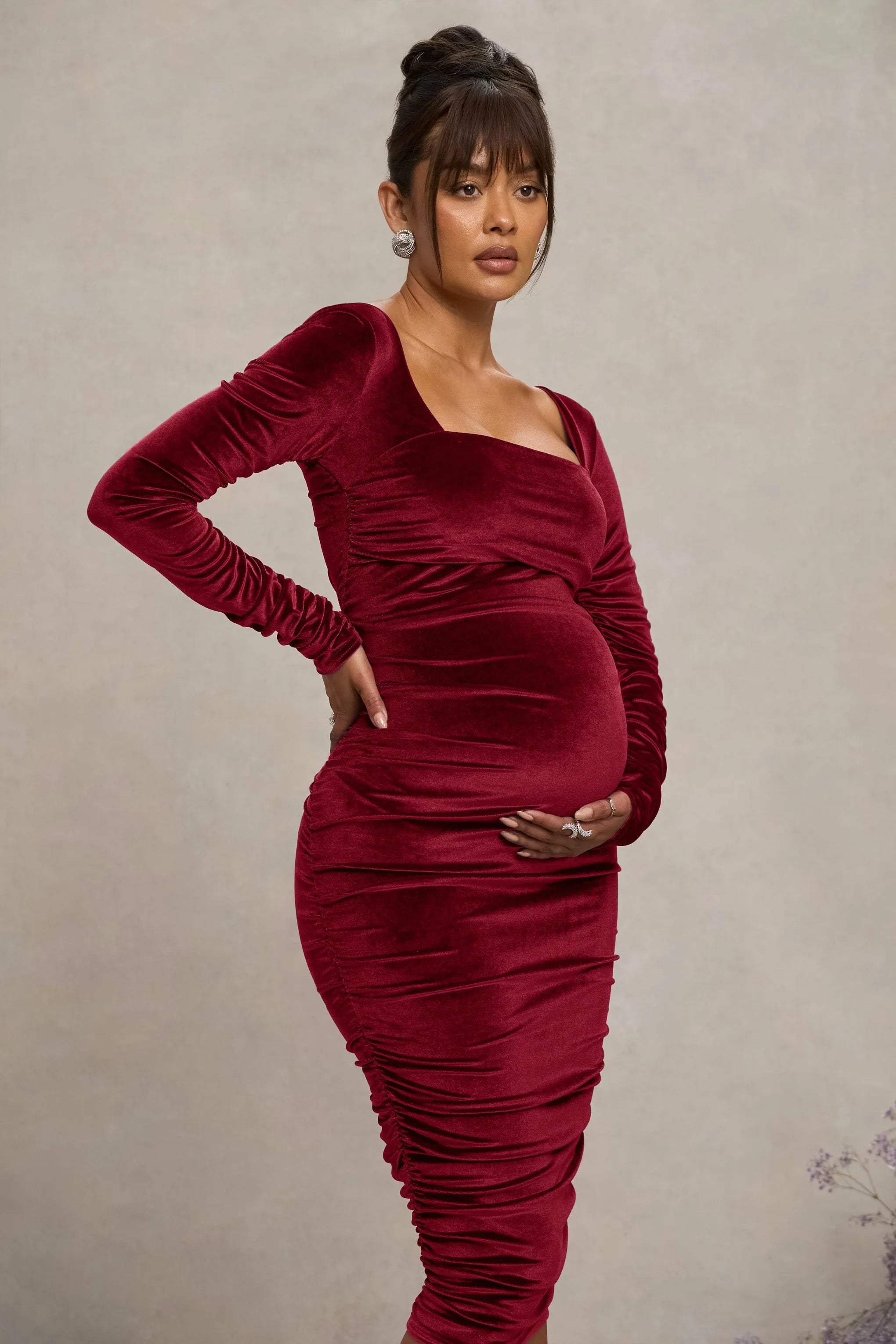 New Life Berry Velvet Maternity Square Neck Ruched Midi Dress