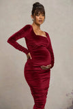 New Life Berry Velvet Maternity Square Neck Ruched Midi Dress