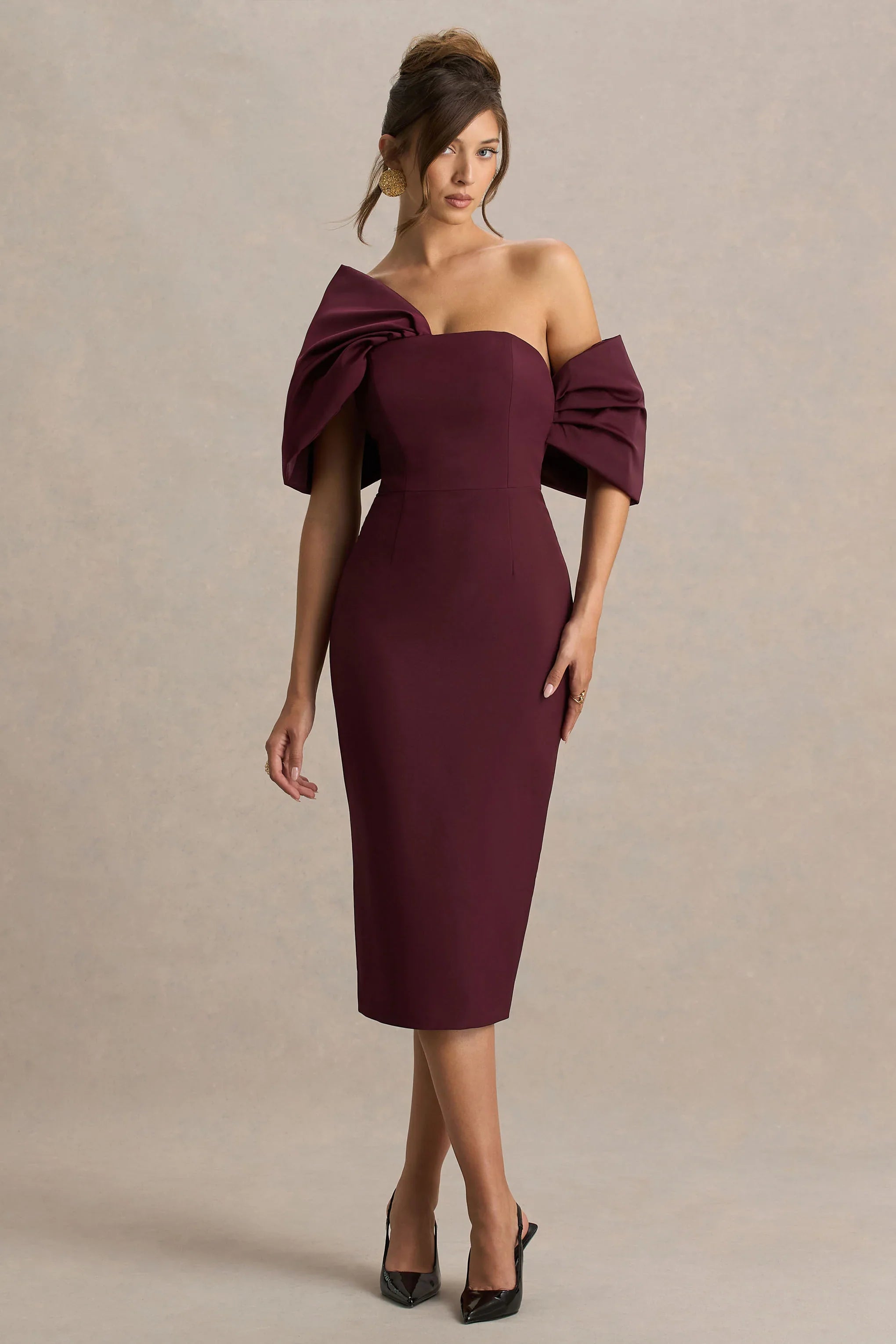 Lucille Burgundy Asymmetric Bardot Midi Dress With Bow Detail