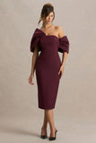 Lucille Burgundy Asymmetric Bardot Midi Dress With Bow Detail