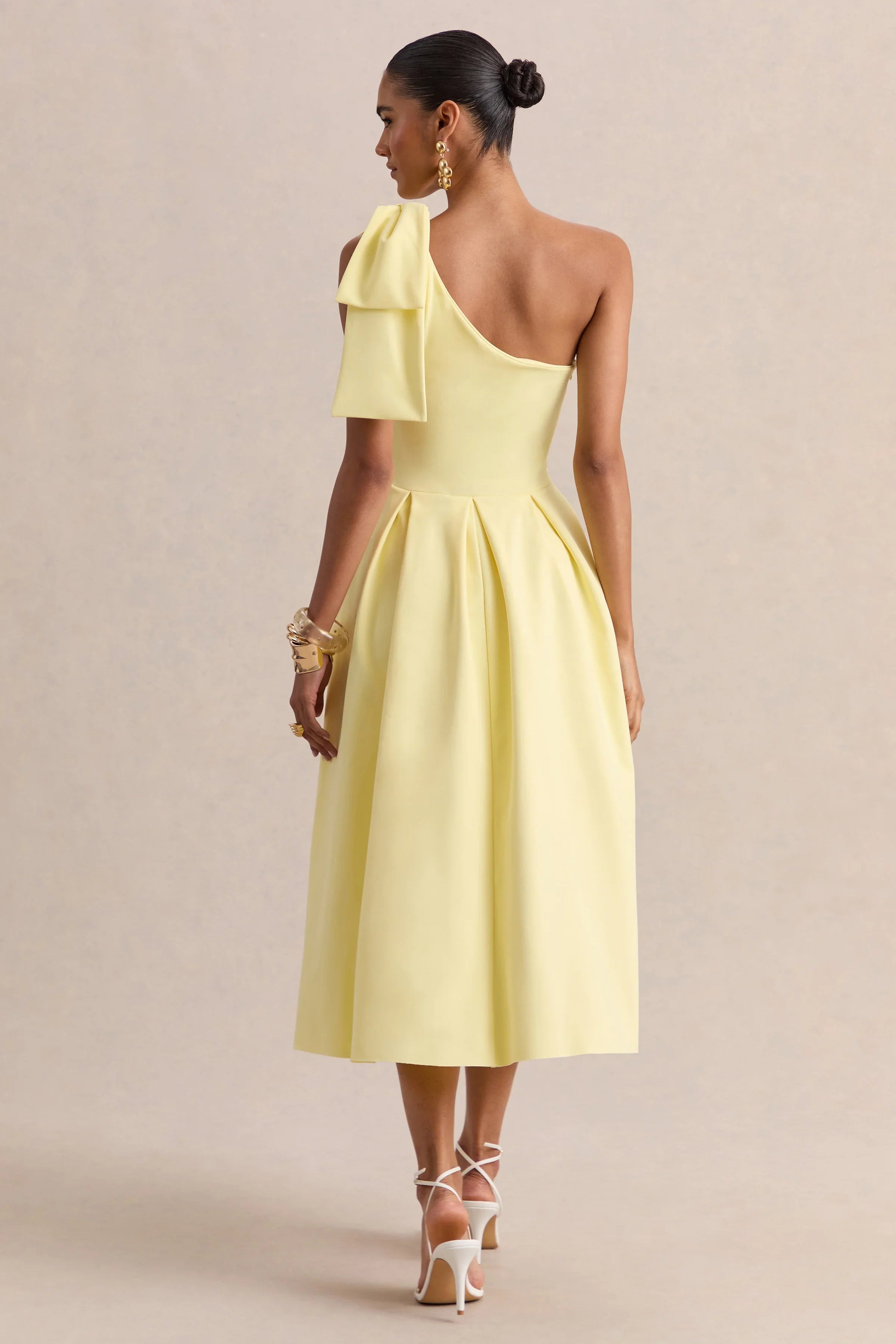 Meria Lemon Asymmetric Neck Midi Dress With Bow Sleeve