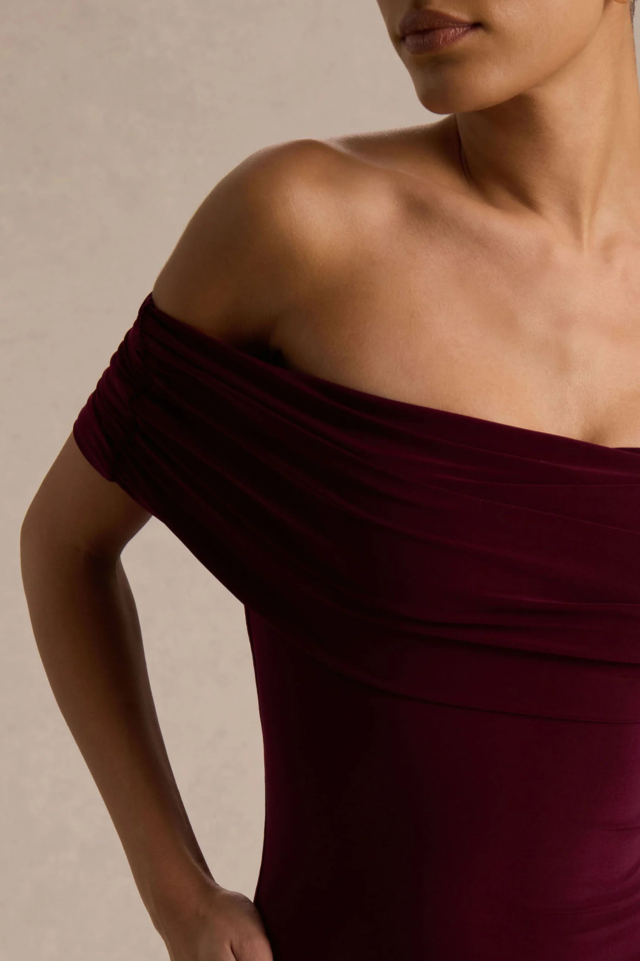 Venezia Burgundy Bardot Maxi Dress With Drop Waist