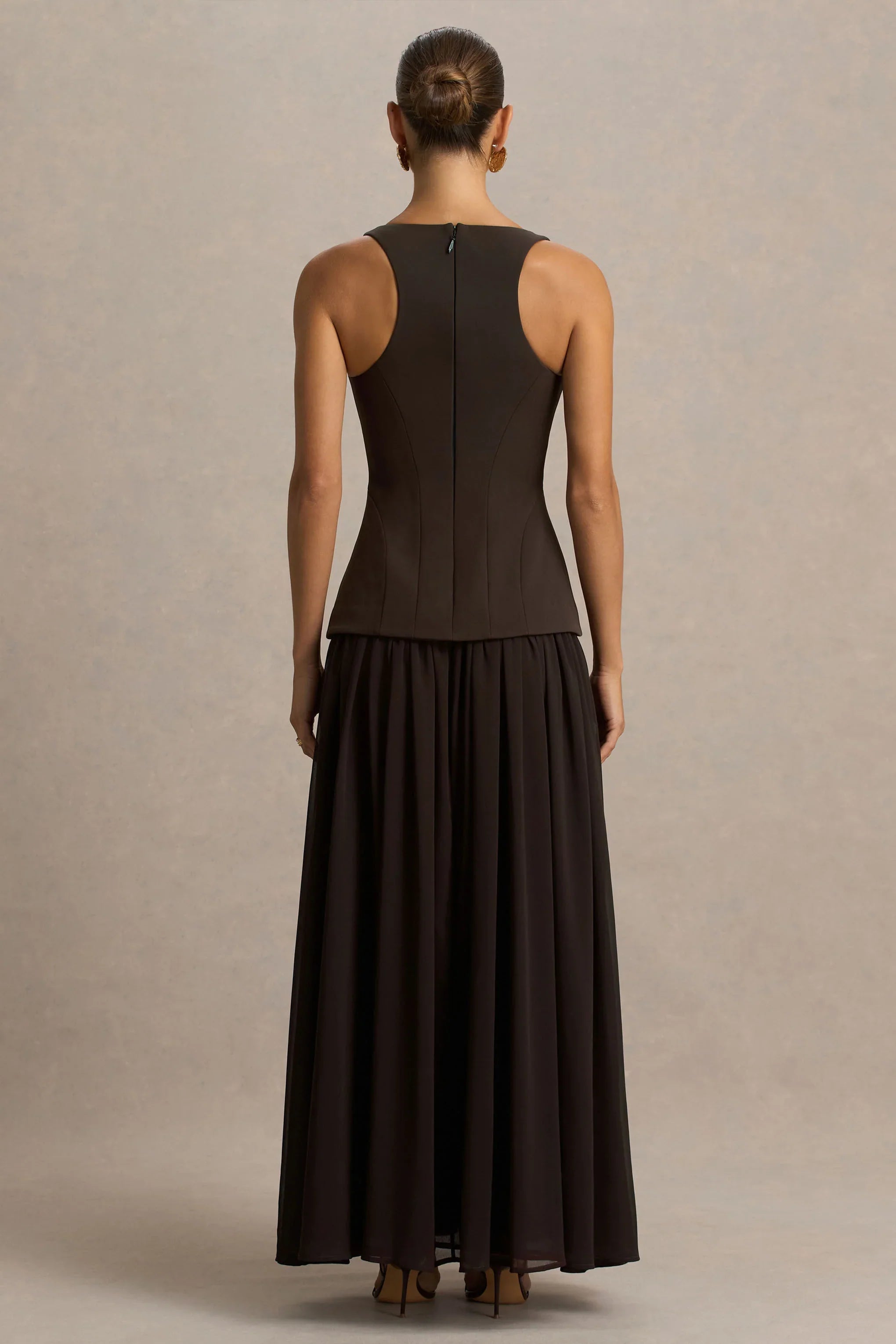 Kelly Brown Scoop Neck Maxi Dress With Pleated Mesh Skirt