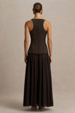Kelly Brown Scoop Neck Maxi Dress With Pleated Mesh Skirt