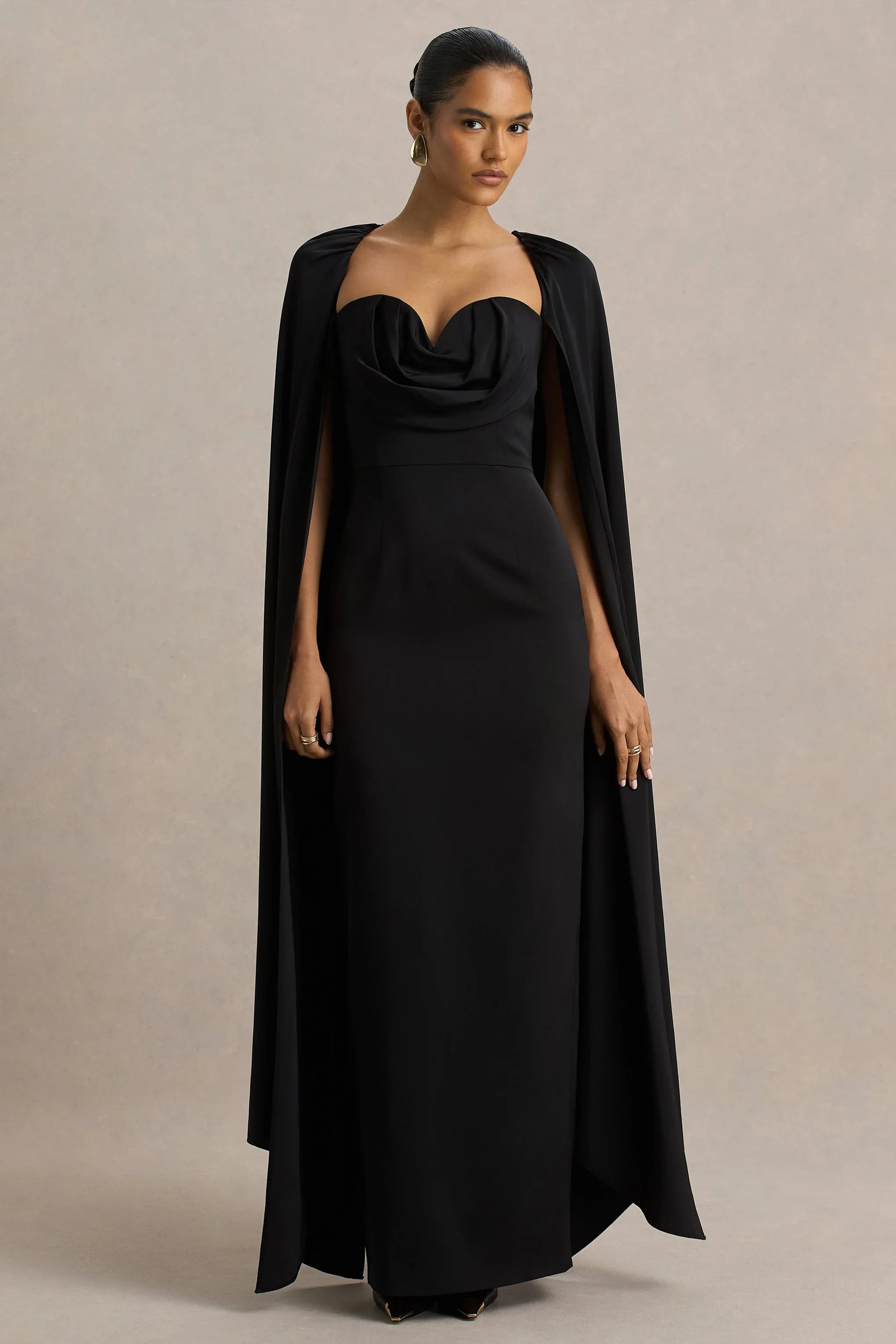 Wren Black Satin Sweetheart Neck Maxi Dress With Cape Sleeves