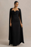 Wren Black Satin Sweetheart Neck Maxi Dress With Cape Sleeves