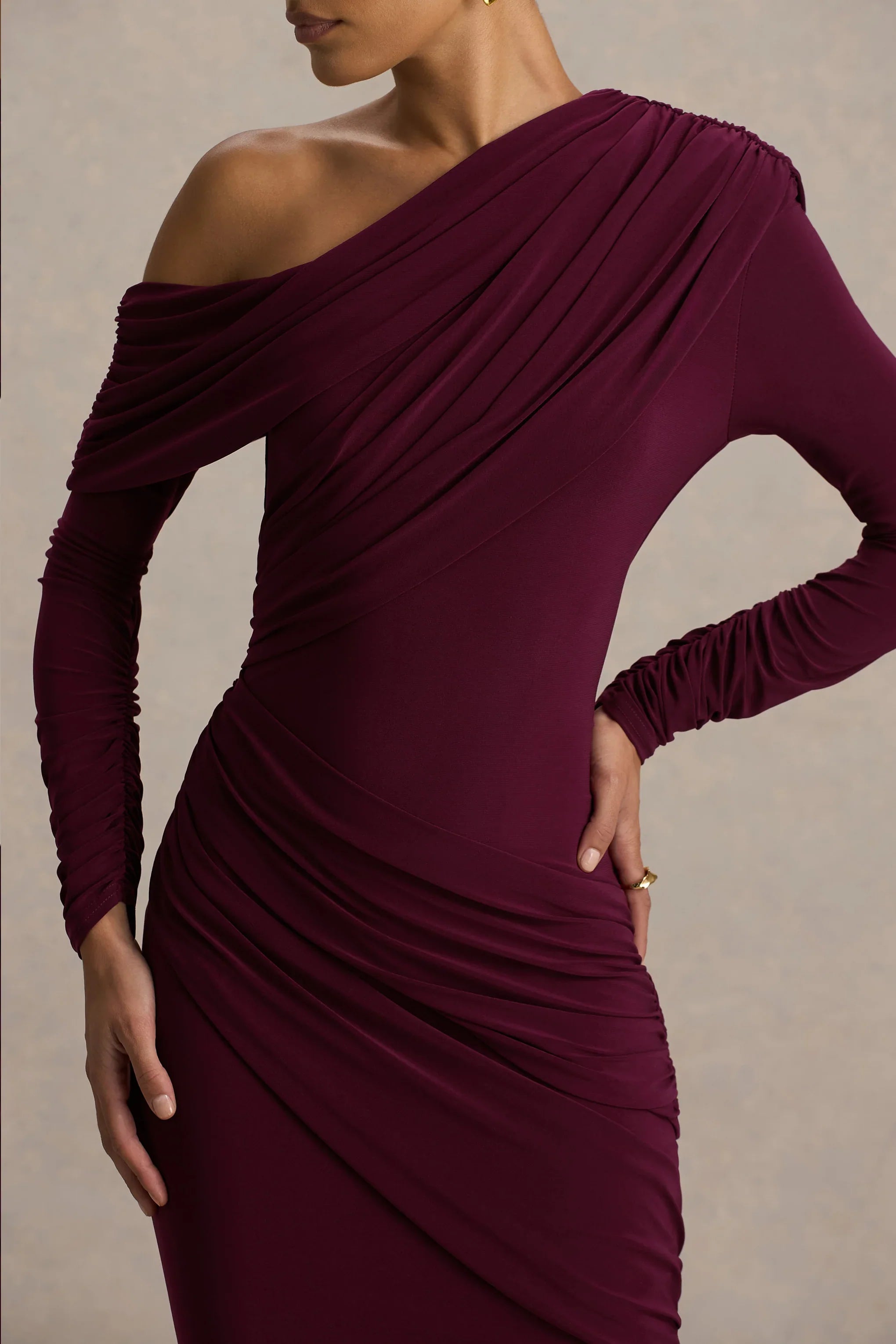 Perrie Burgundy Asymmetric Neck Maxi Dress With Ruched Detailing