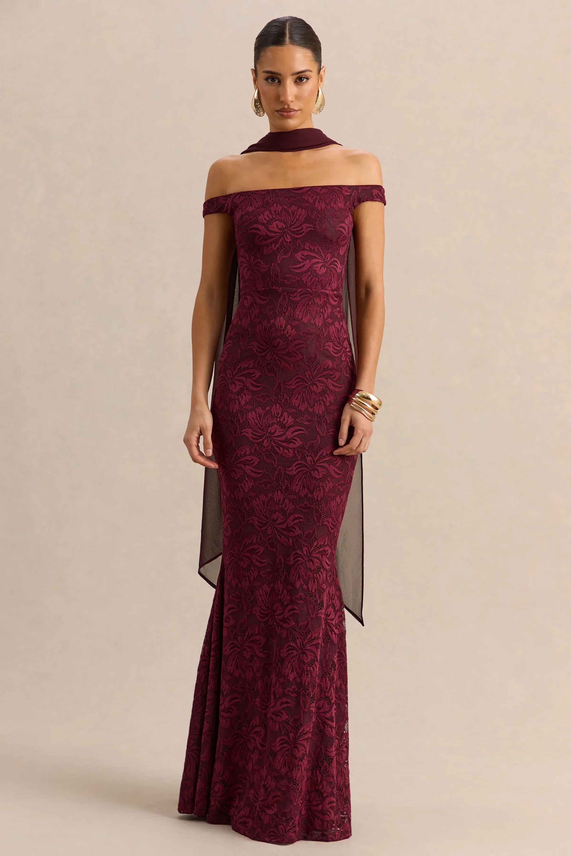 Iselle Burgundy Lace Bardot Neck Maxi Dress With Scarf Detail