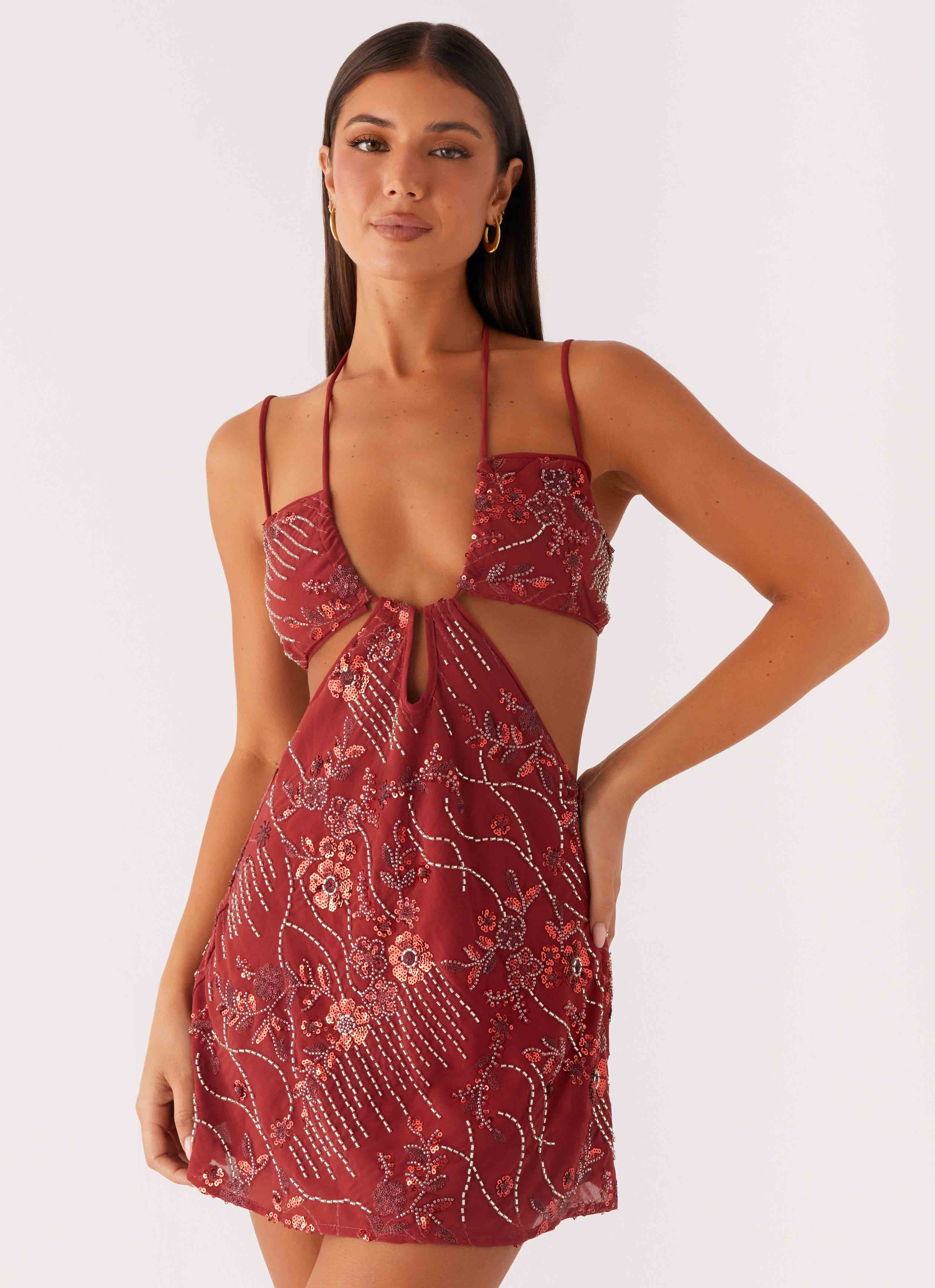 Sahara Nights Beaded Mini Dress Rust