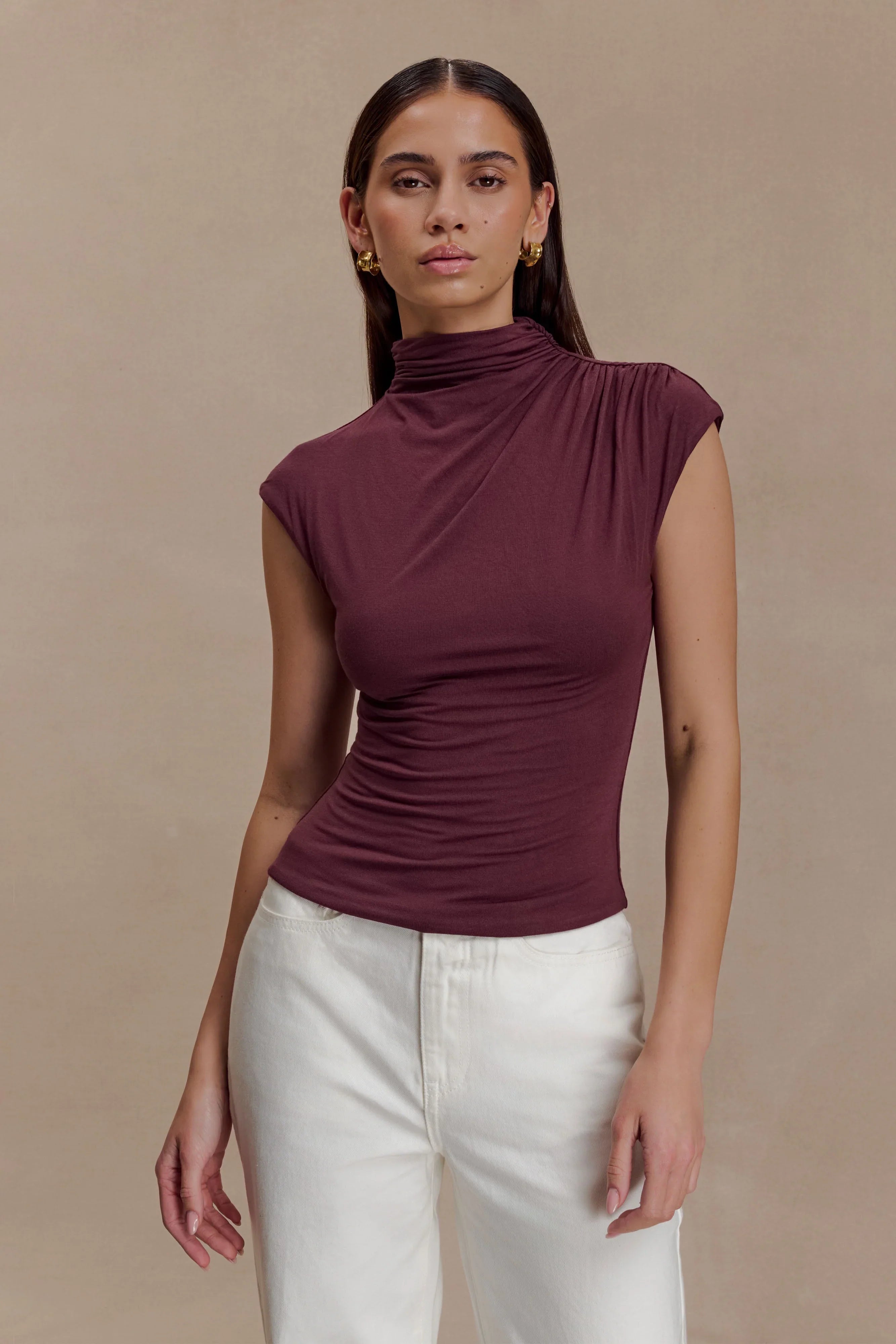 Freesia High Neck Sleeveless Top Mahogany
