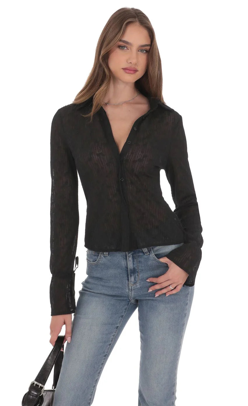 Sheer Mesh Button Up Top in Black