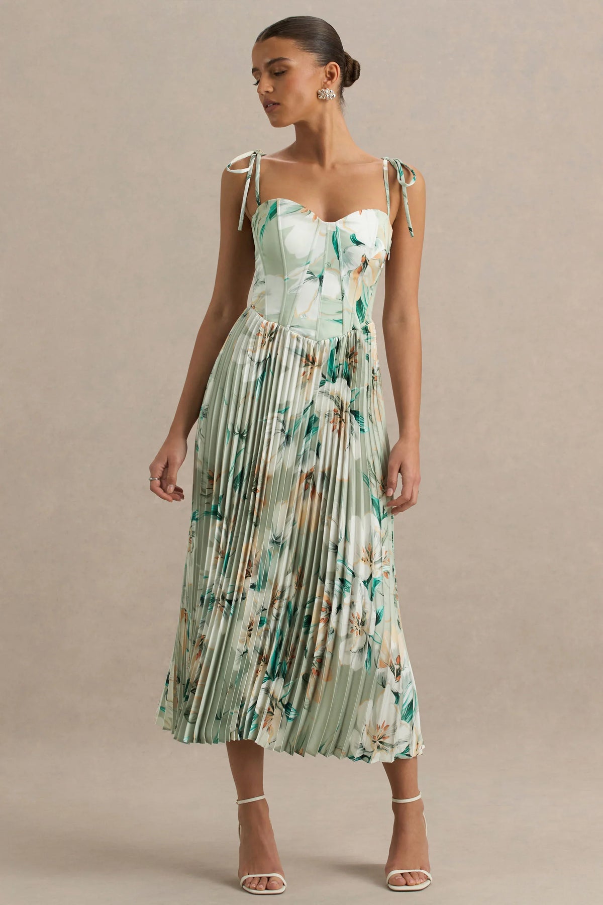 Peyton Green Floral Print Satin Sweetheart Neck Midi Dress With Pleated Details