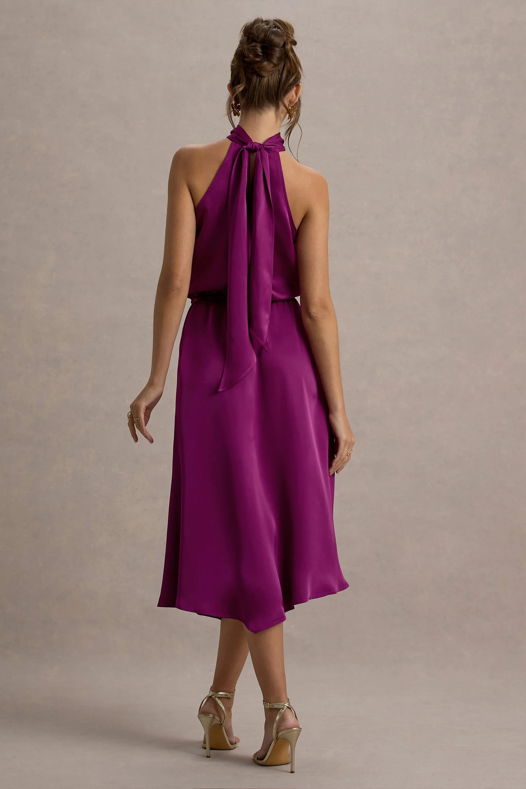 Palonia Dark Pink Satin High Neck Split Midi Dress
