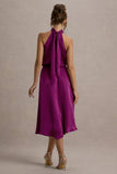 Palonia Dark Pink Satin High Neck Split Midi Dress