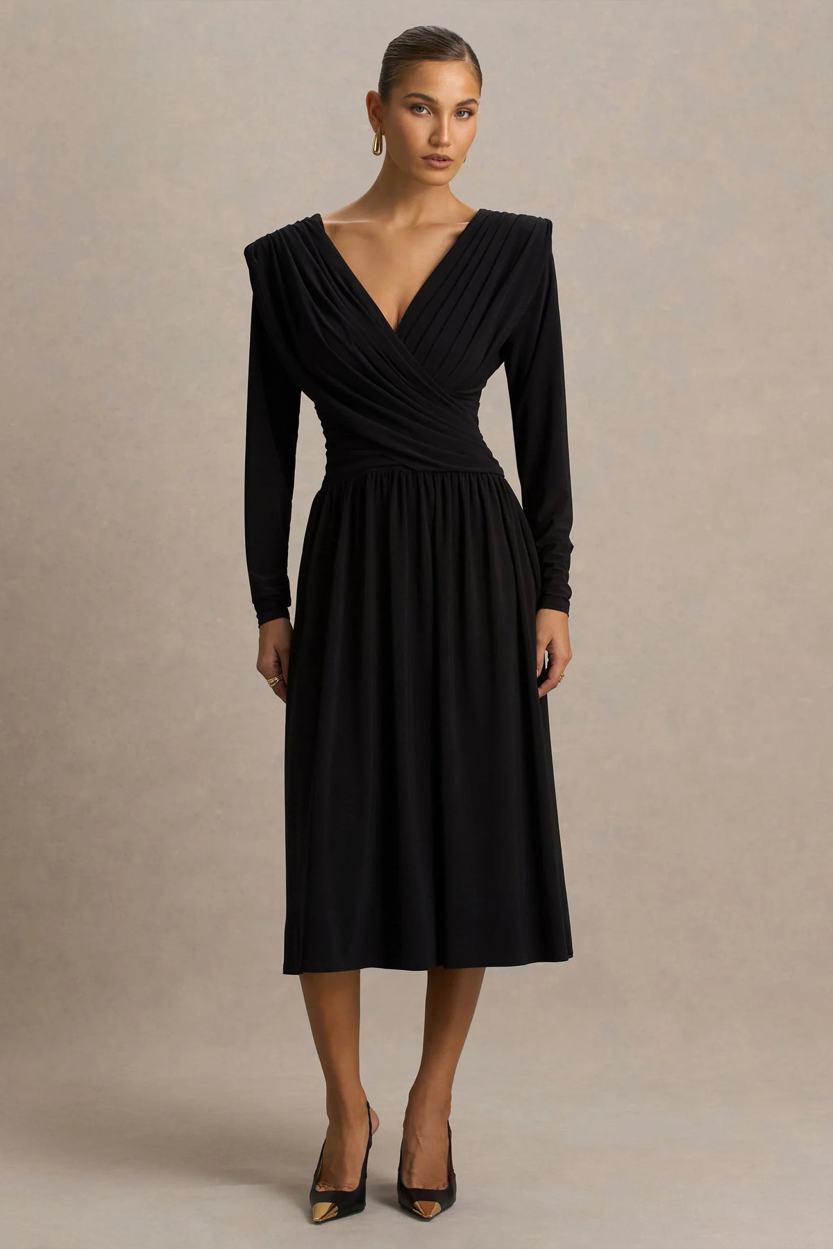 Alexis Black Plunge Neck Midi Dress With Draped And Ruched Detailing