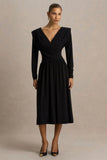 Alexis Black Plunge Neck Midi Dress With Draped And Ruched Detailing