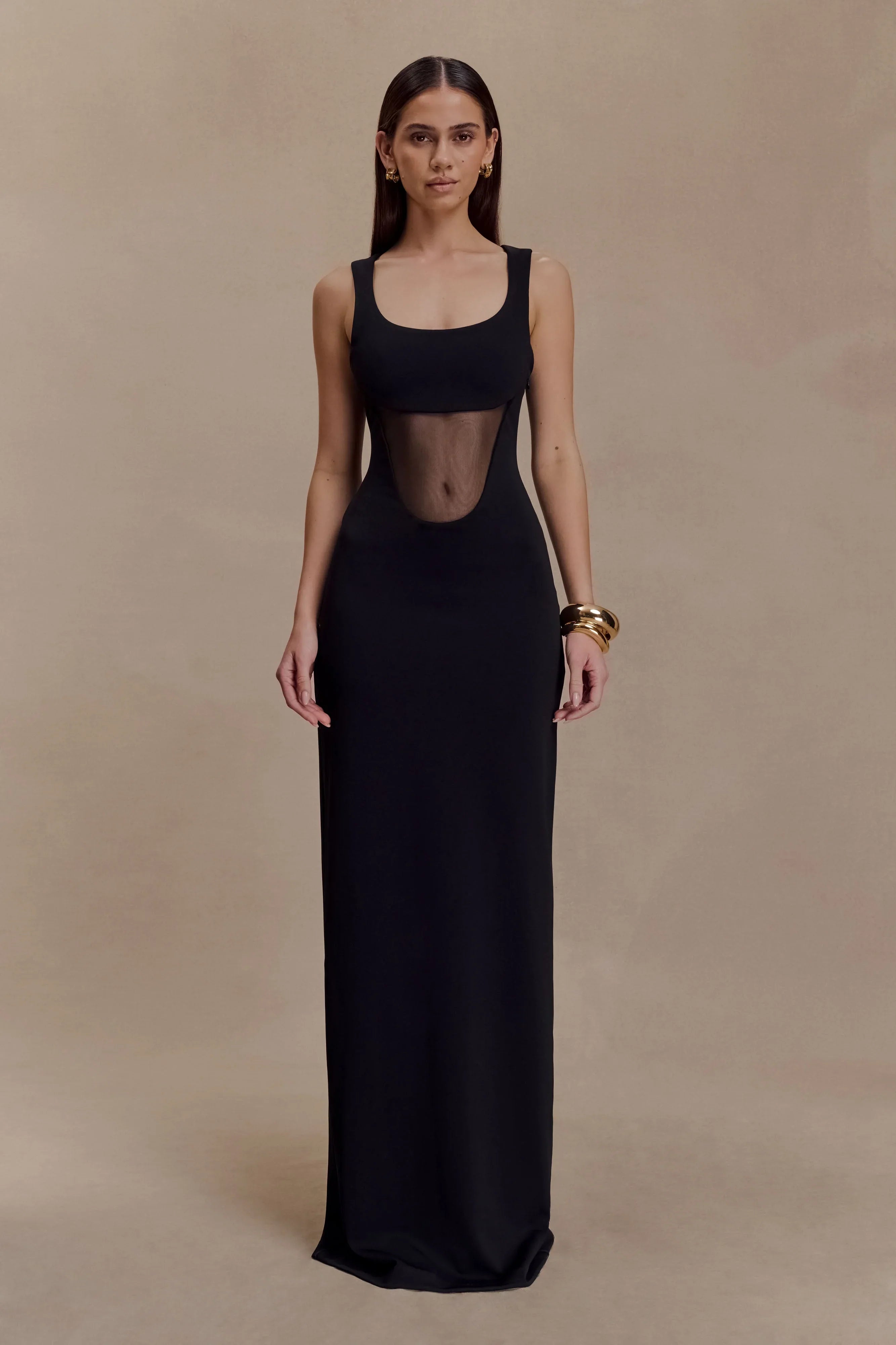 Marlon Crepe And Mesh Maxi Dress Black