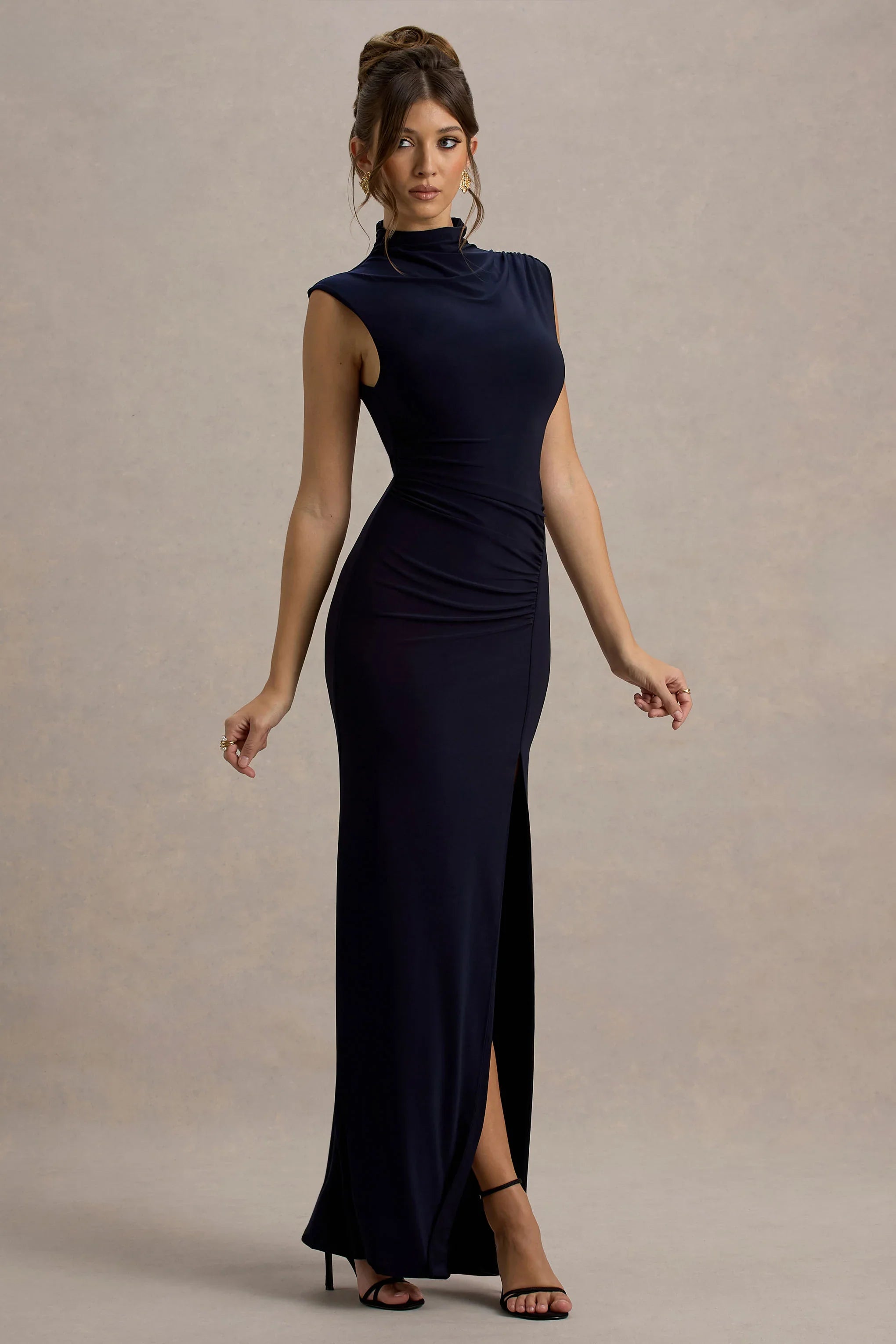 Lanetta Navy Ruched High Neck Maxi Dress With Split