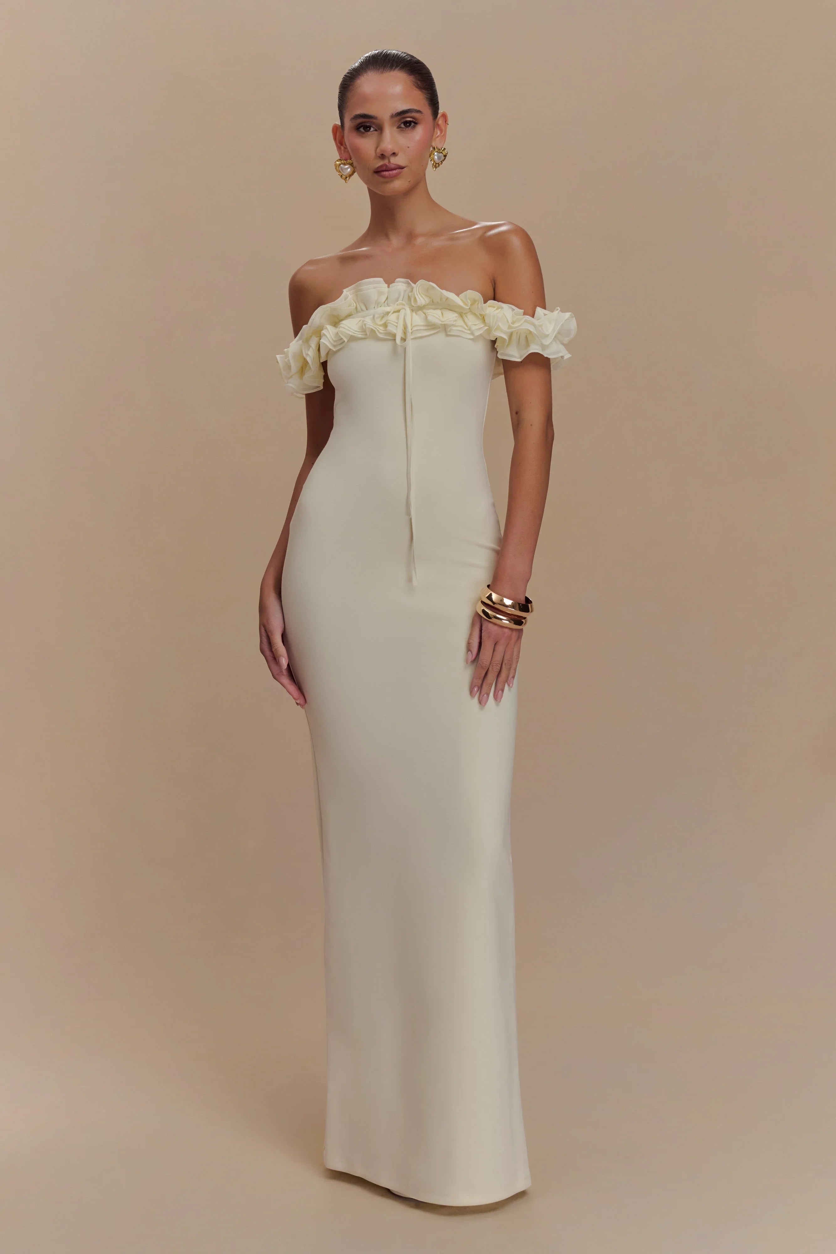 Nova Ruffle Off Shoulder Maxi Dress Ivory