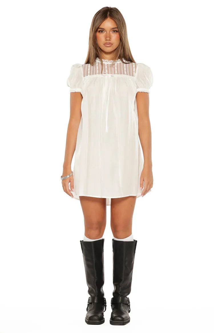 Taste White Sheer Lace Detail Mini Dress