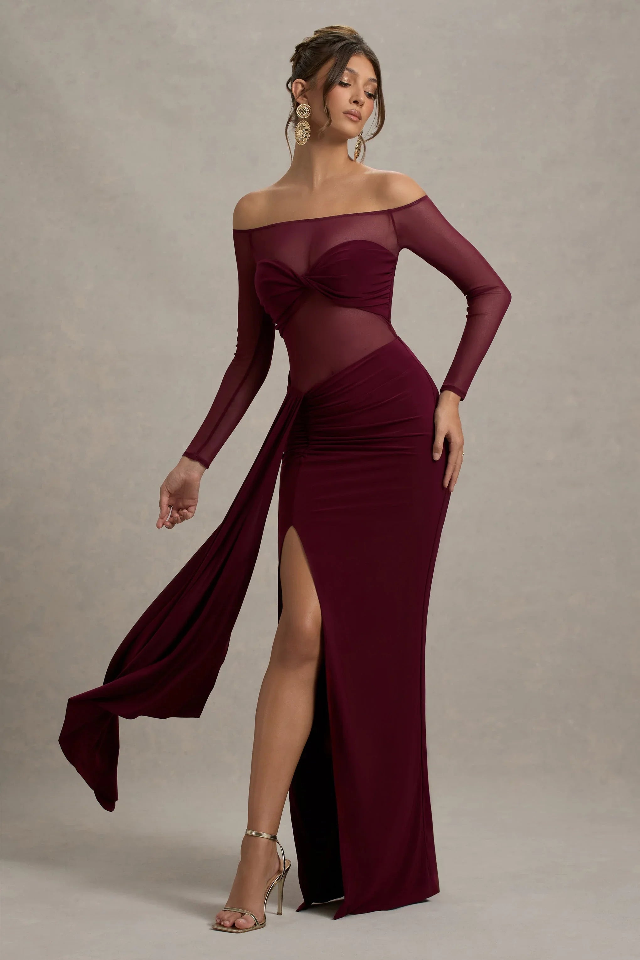 Cover Star Burgundy Mesh Bardot Long Sleeve Draped Maxi Dress