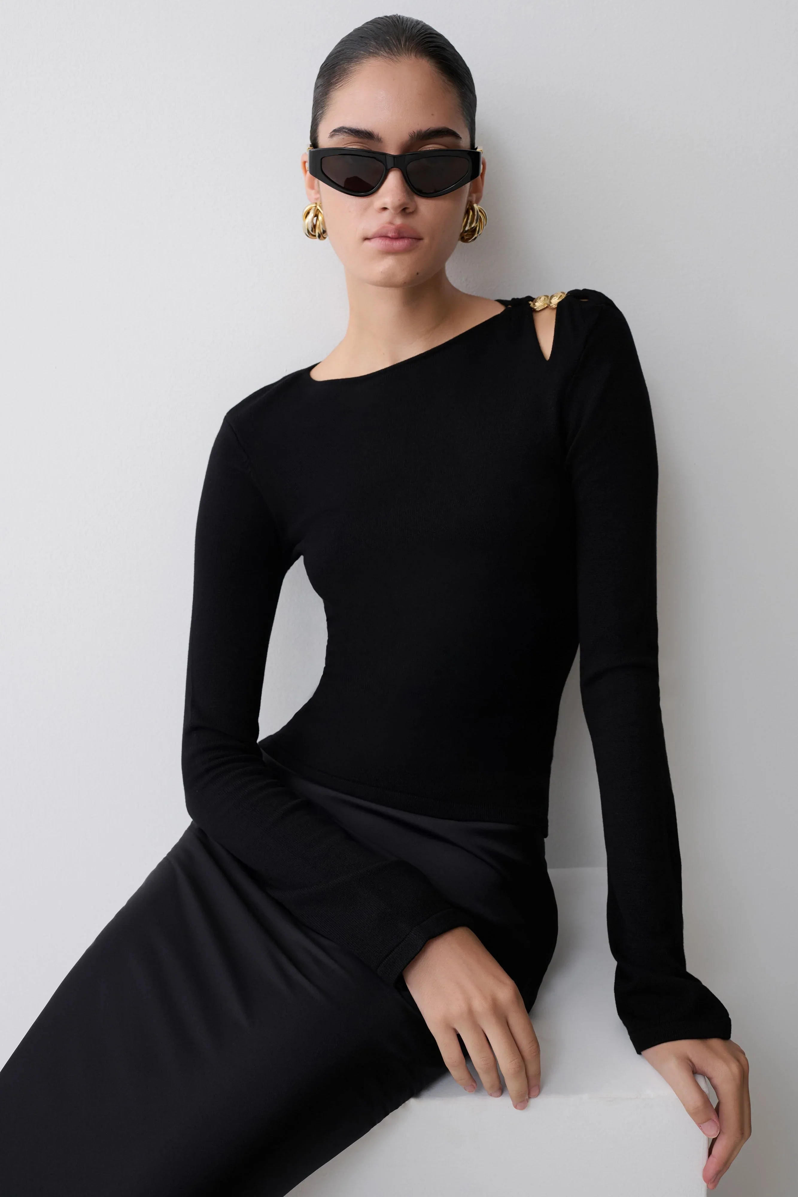 Ricky Knit Long Sleeve Longline Top Black