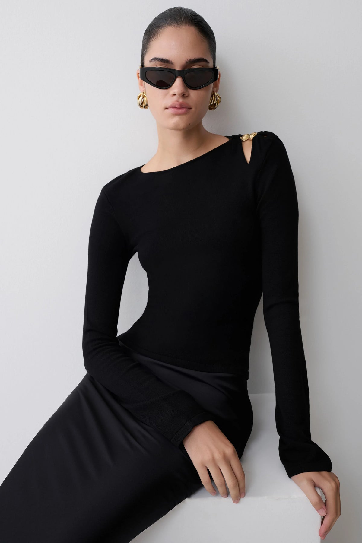 Ricky Knit Long Sleeve Longline Top Black