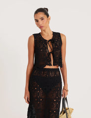 Black Crochet Tie Front Sleeveless Top