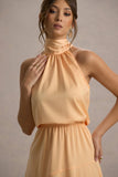 Palonia Peach Satin High Neck Split Midi Dress