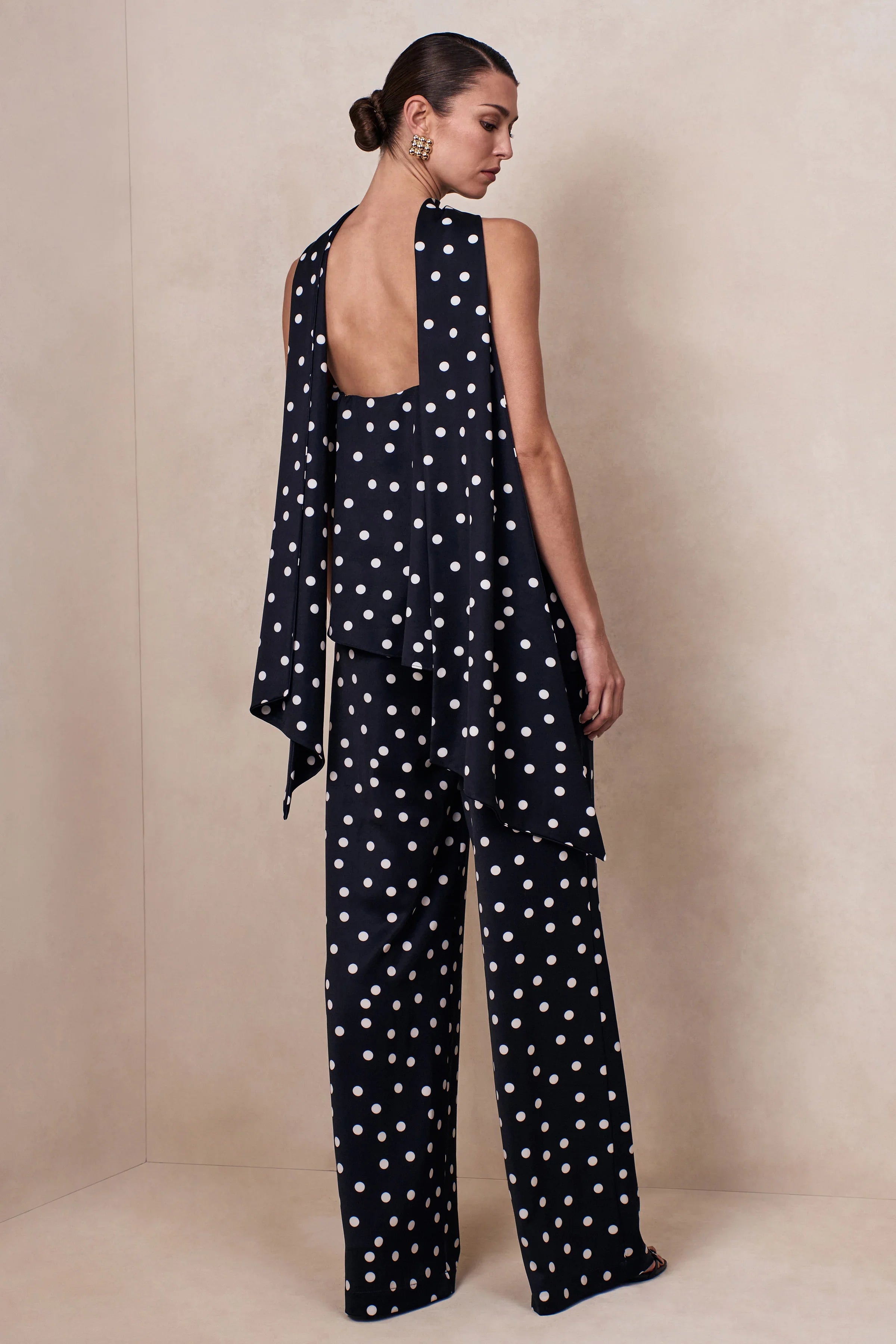 Seloria Black White Satin Polka Dot Wide Leg Trouser
