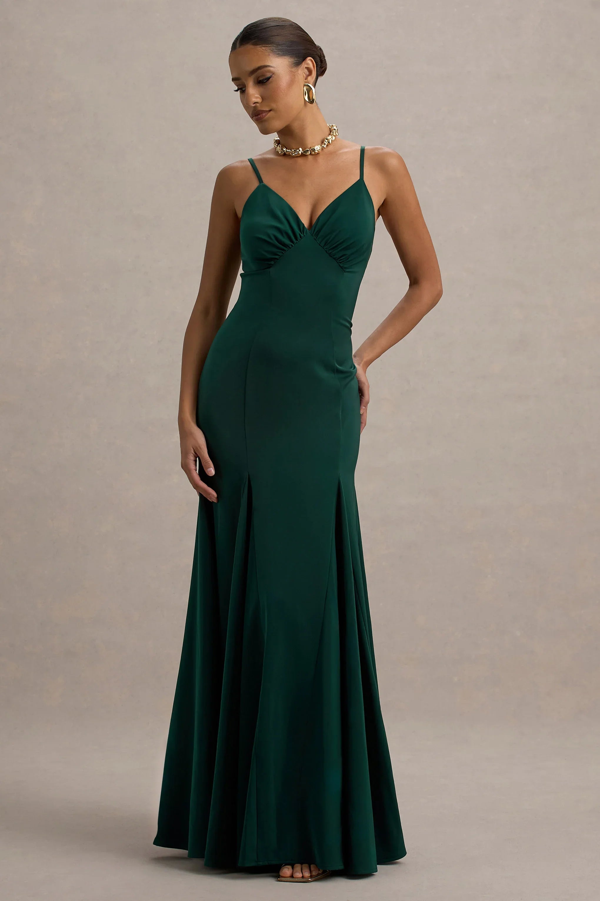Ashly Bottle Green Satin Maxi Dress With Volume Hem