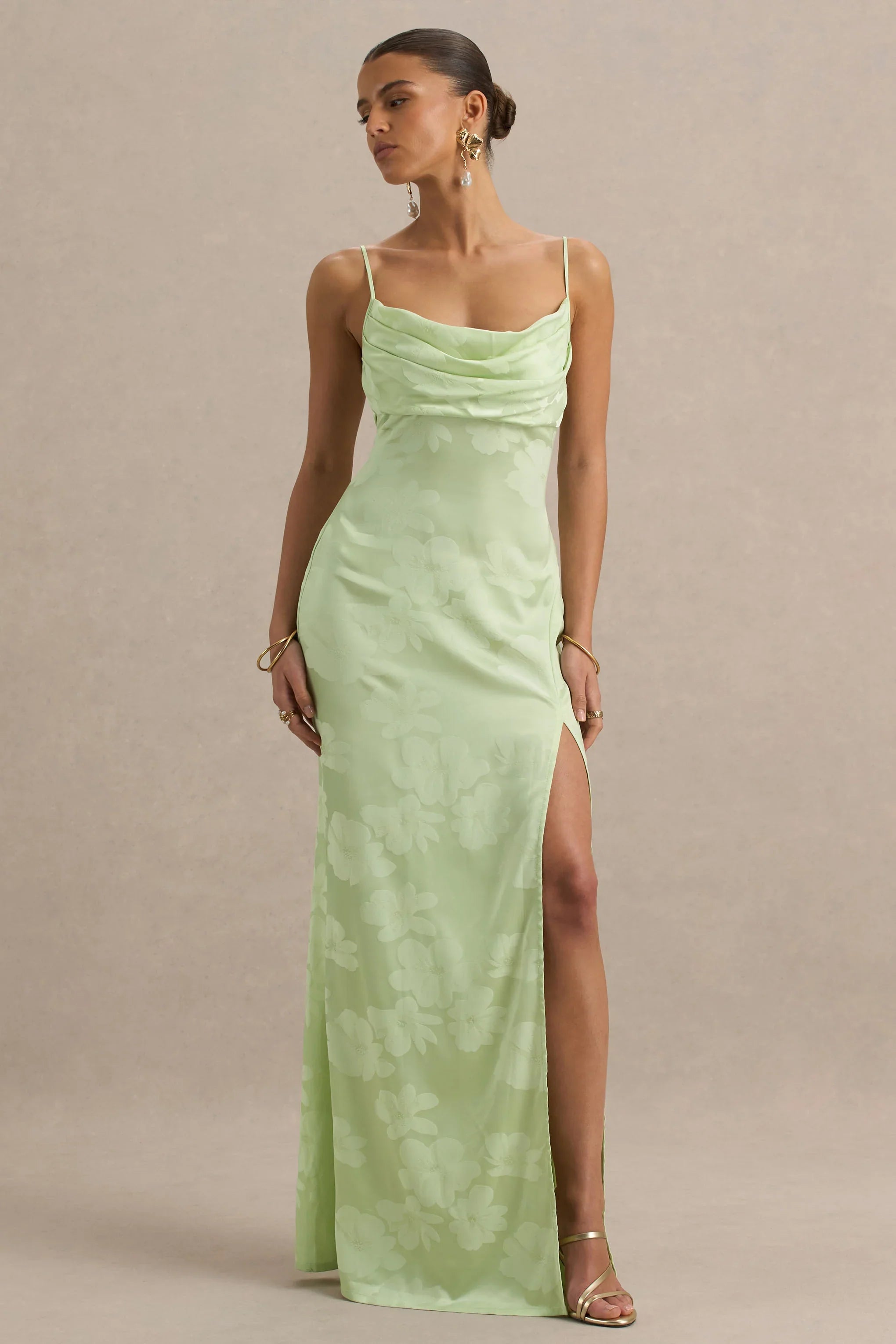 Maddie Light Green Floral Print Satin Cowl Neck Maxi Dress