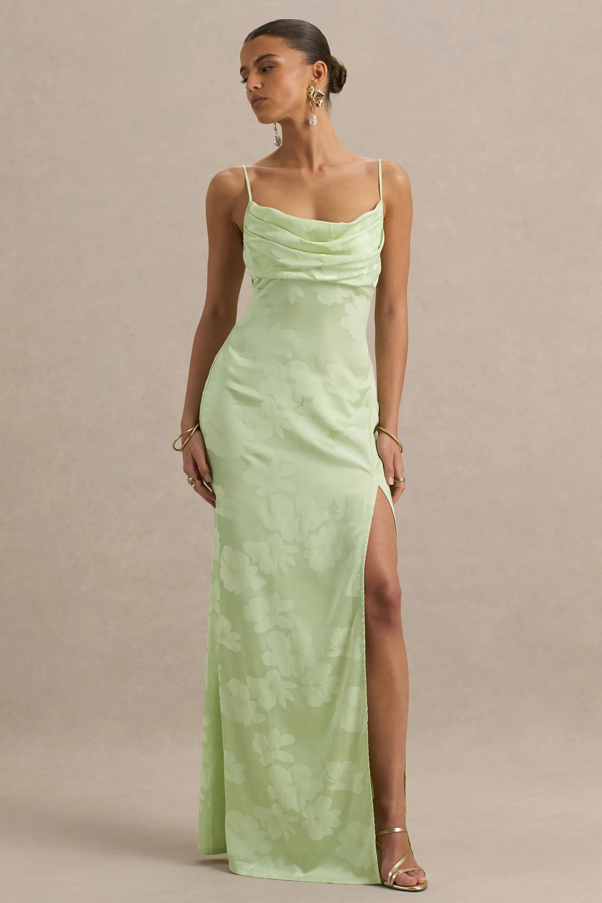 Maddie Light Green Floral Print Satin Cowl Neck Maxi Dress
