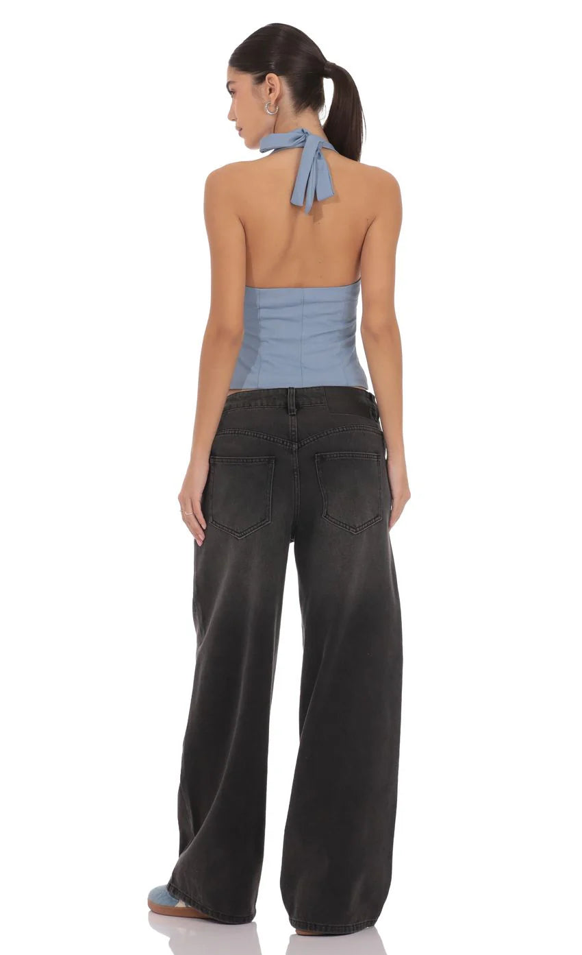 Front Tie Halter Top in Denim Blue