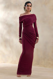 Rosirene Burgundy Asymmetric Neck Maxi Dress With Draped Detailing