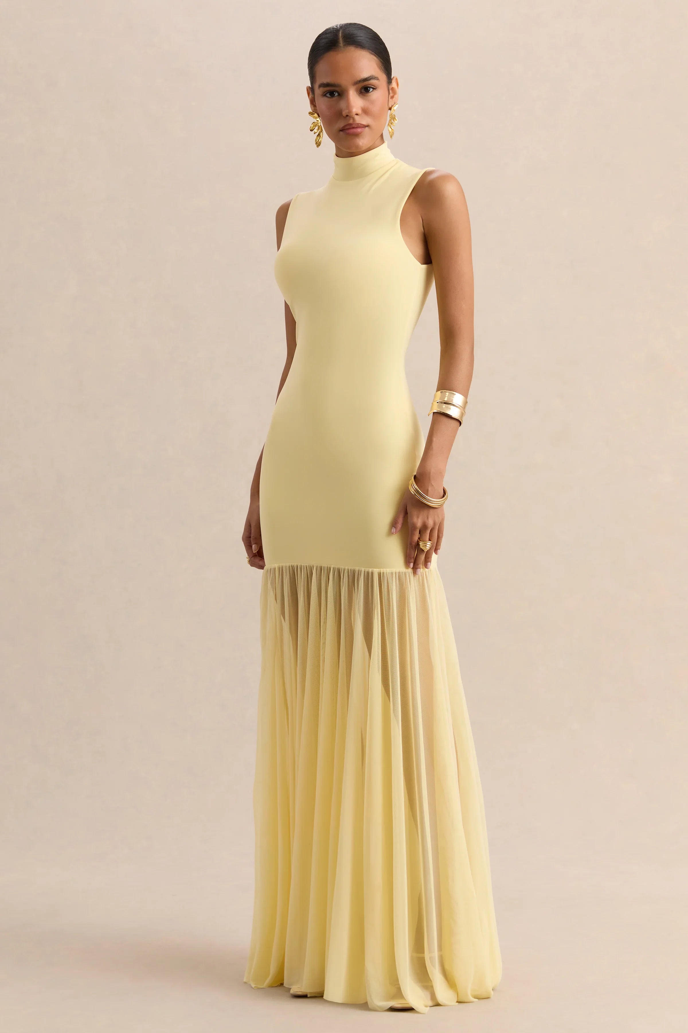 Felina Lemon High Neck Maxi Dress With Sheer Skirt