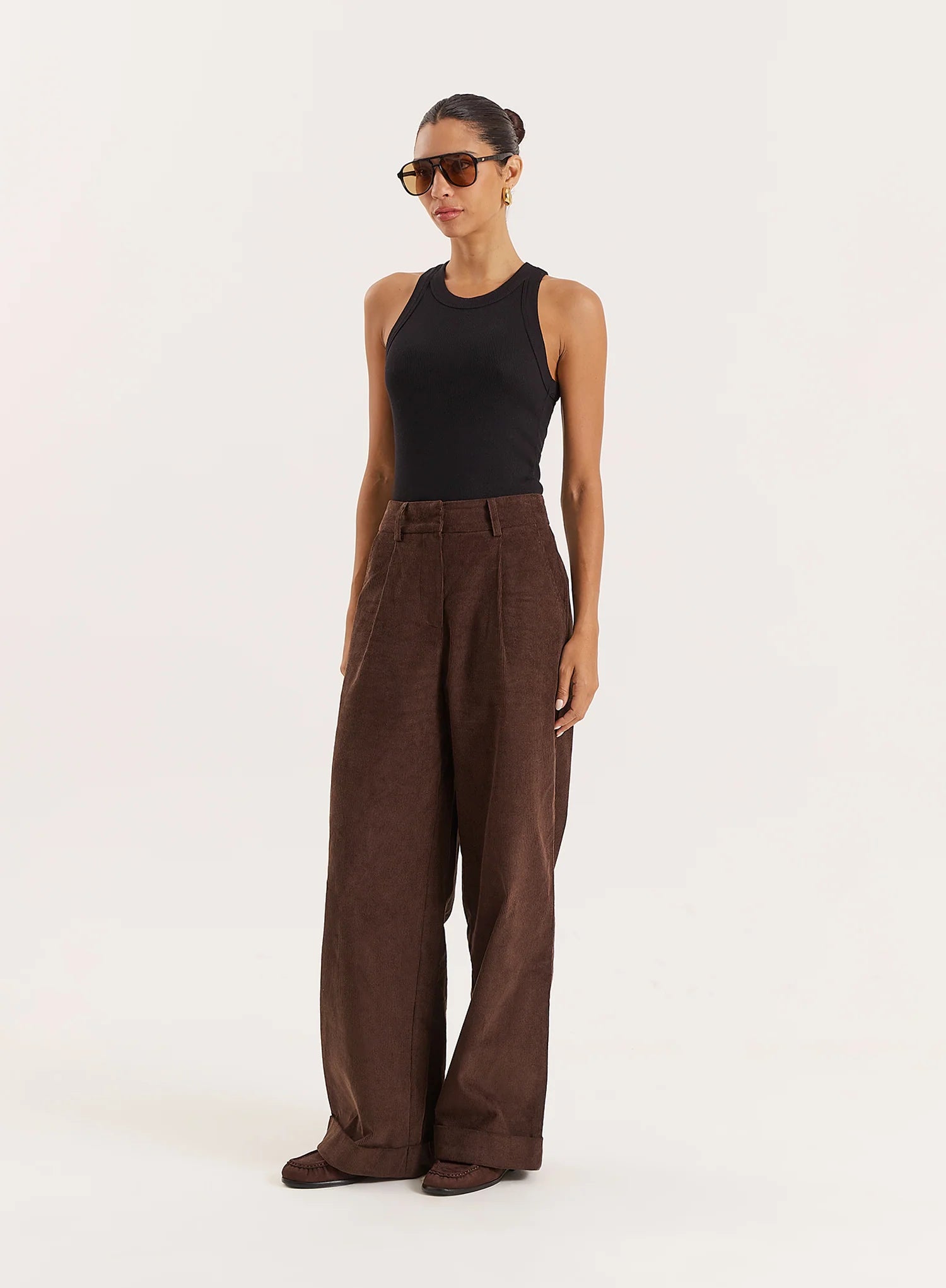 Chocolate Belted Turn Up Cord Wide Leg Trousers Hughes