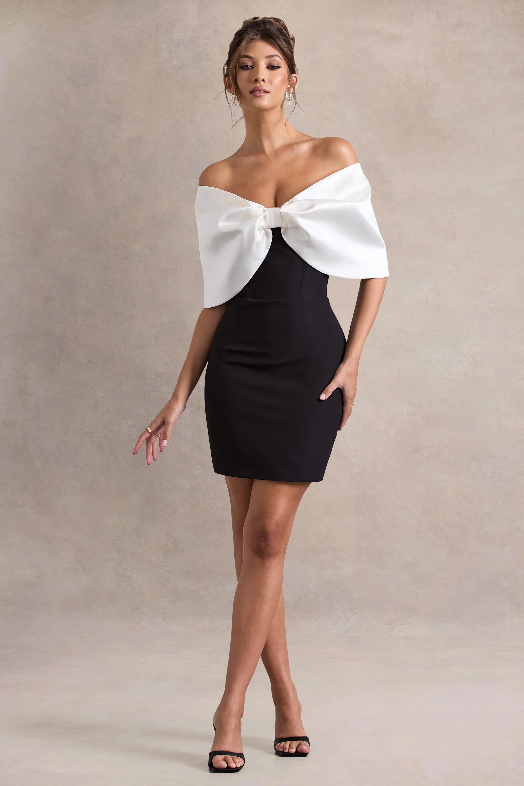 Dewdrop Black White Mini Dress With Oversized Bow