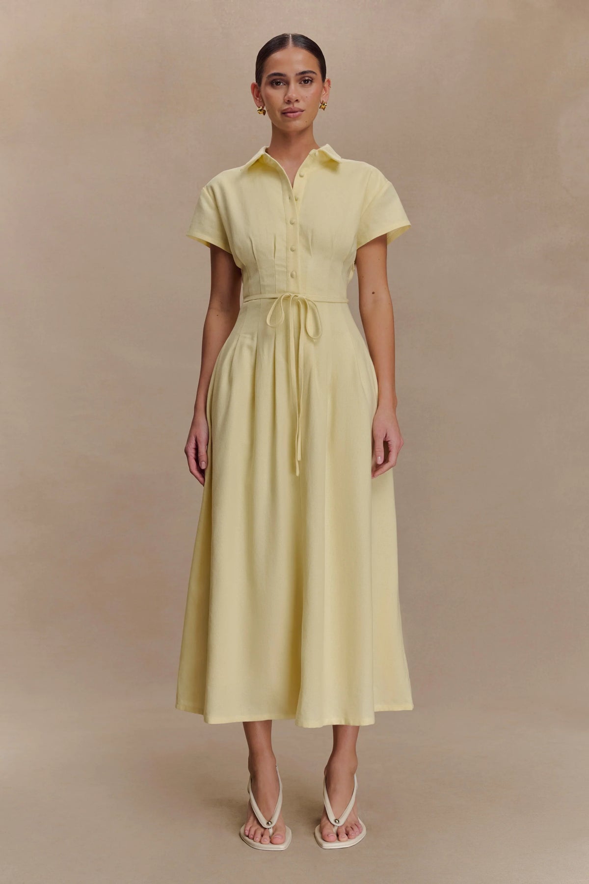 Aysha Buttoned Linen Midi Dress Lemon