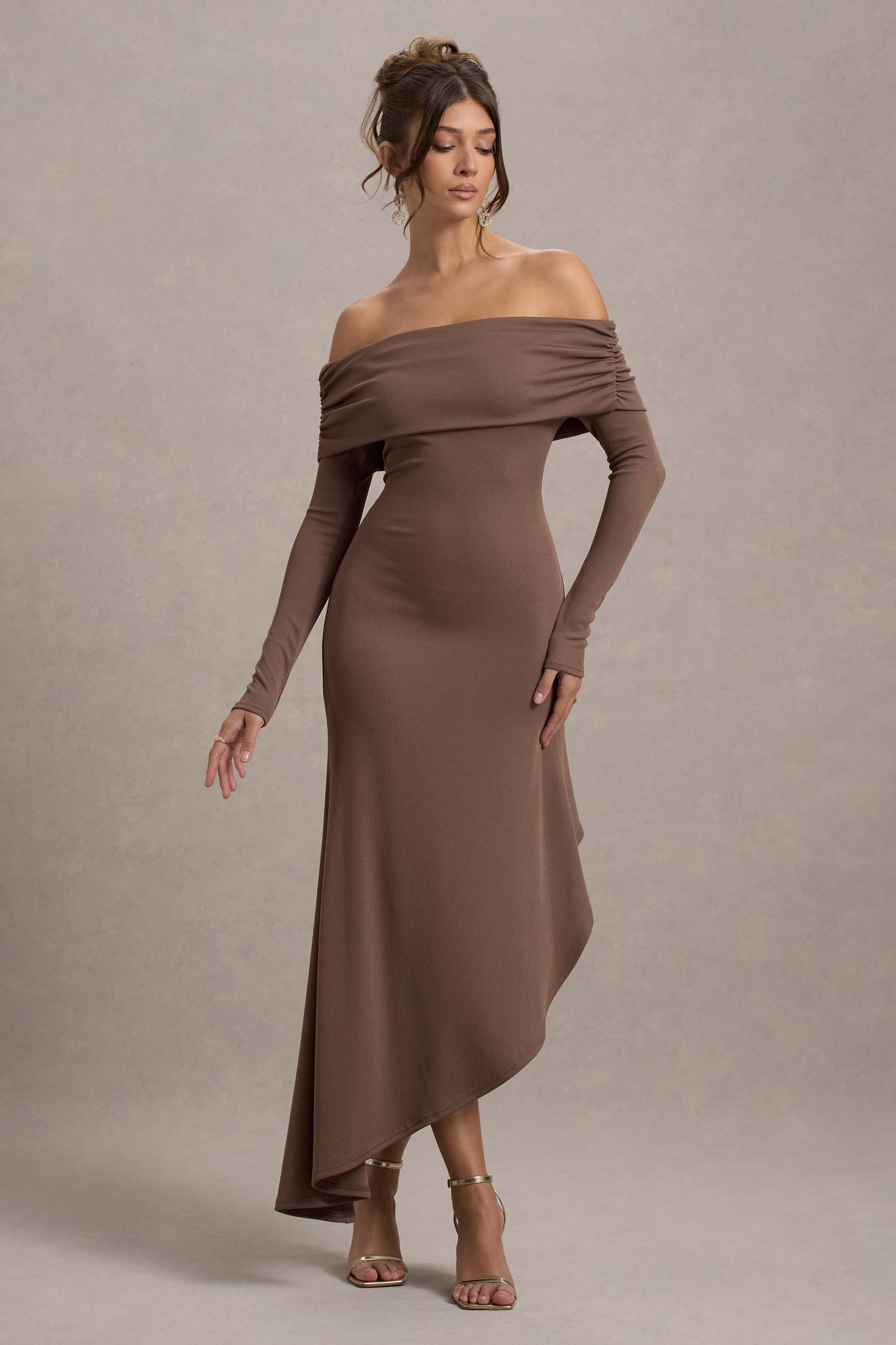 Romina Mocha Rib Knit Bardot Maxi Dress With Asymmetric Hem