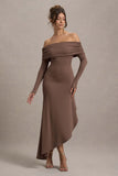 Romina Mocha Rib Knit Bardot Maxi Dress With Asymmetric Hem