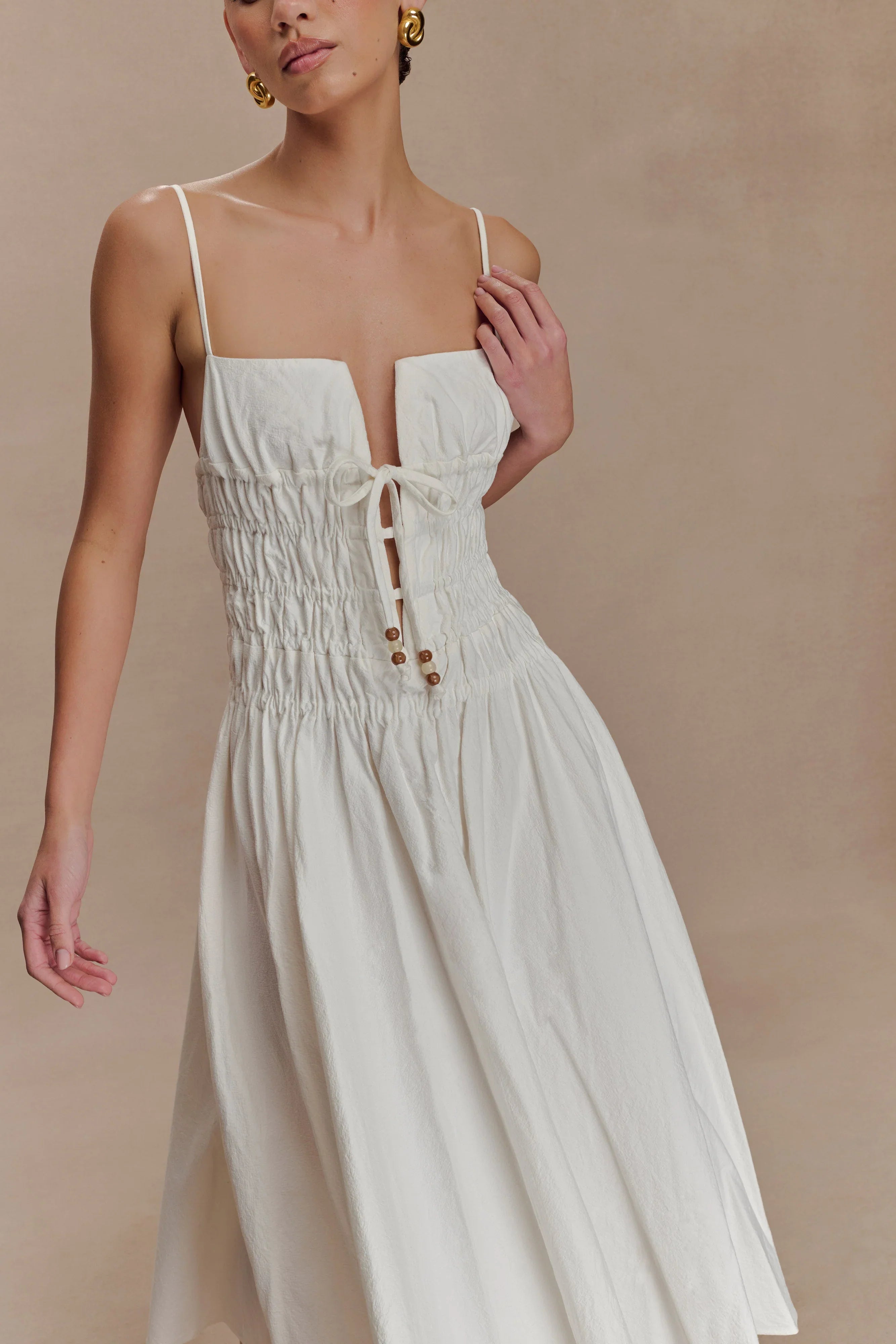 Elias Shirred Cotton Midi Dress White
