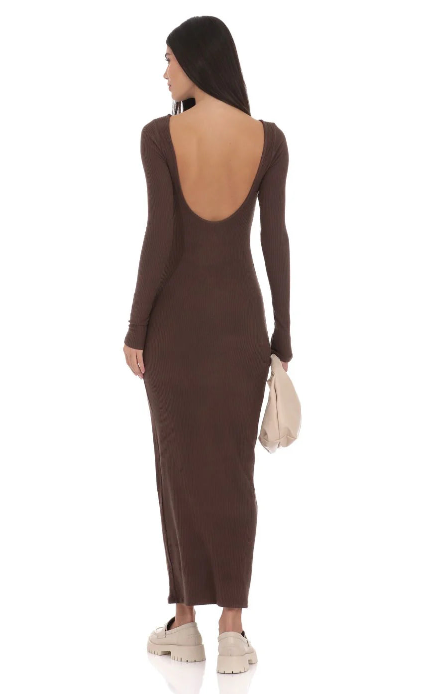 Ribbed Open Back Maxi Dress in Brown
