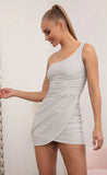 Asymmetric Shoulder Dress in Shimmer Silver