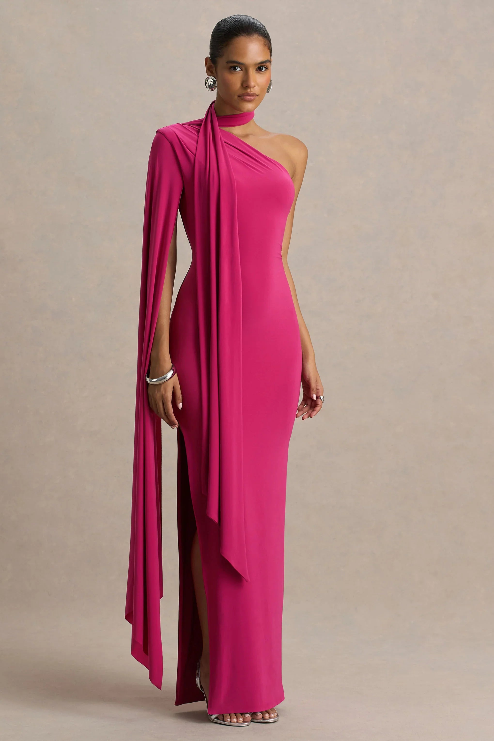 Amal Hot Pink Asymmetric Neck Maxi Dress With Scarf and Cape Detail