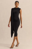 Oleandra Black High Neck Midi Dress With Draped Detail