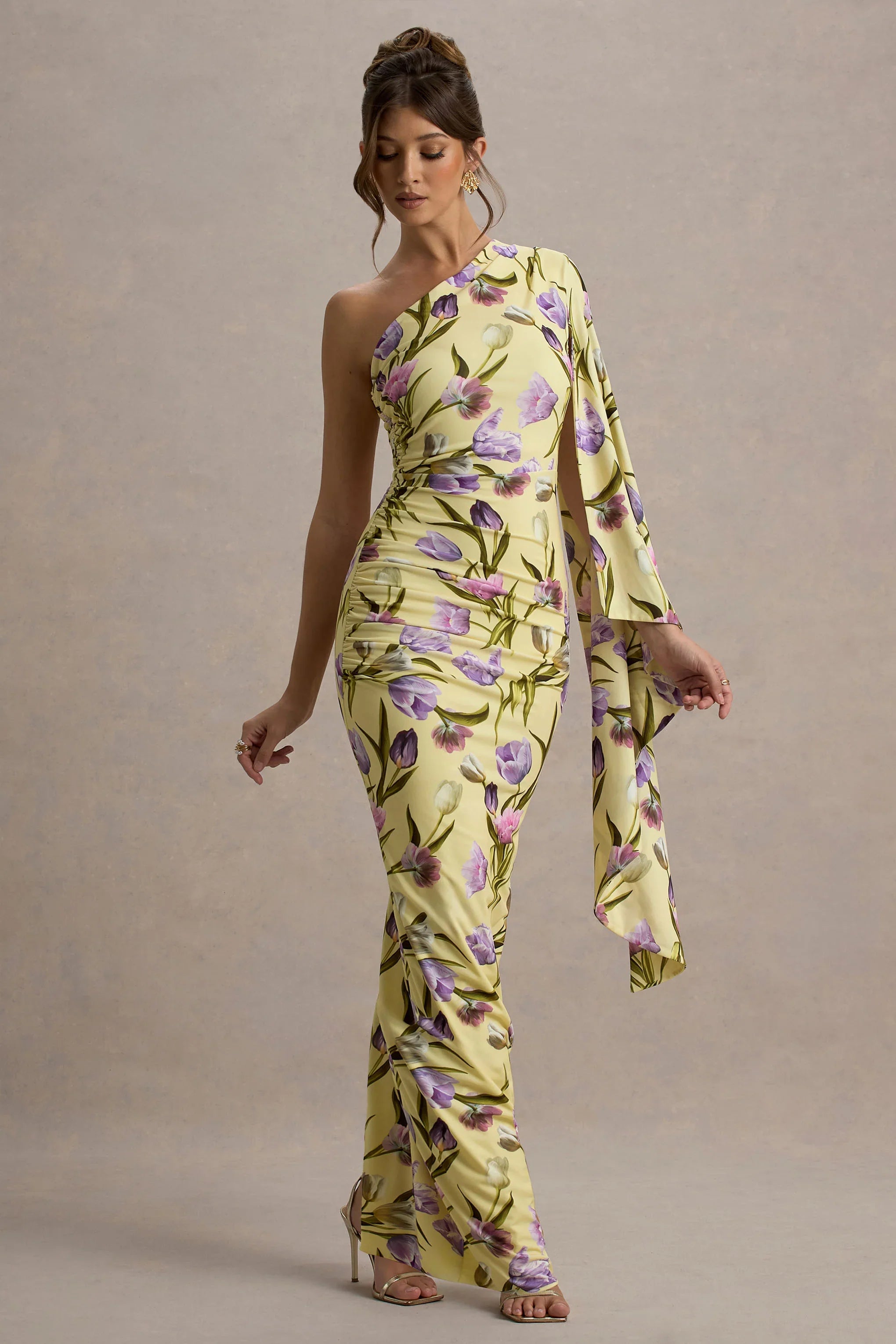 Clementina Tulip Floral Print Asymmetric Cape Sleeve Maxi Dress