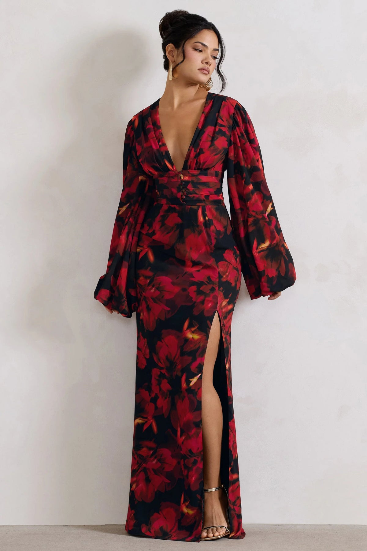 Casarile Red Floral Print V Neck Balloon Sleeve Maxi Dress