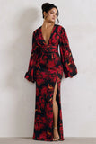 Casarile Red Floral Print V Neck Balloon Sleeve Maxi Dress